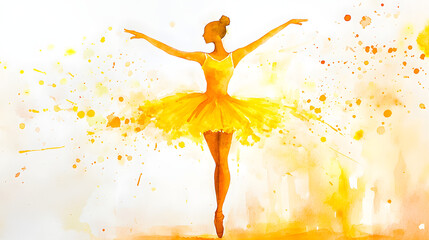 Watercolor illustration of a ballerina silhouette in yellow and orange on a white background. Illustration for a ballet poster background.