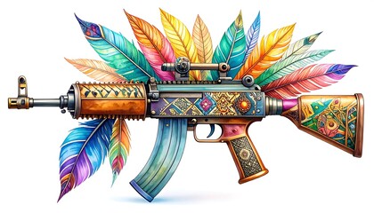 Ornate weapon adorned with colorful feathers