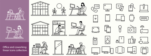 Office and cowering linear icons collection. Big set of thin line icons in black. Vector illustration