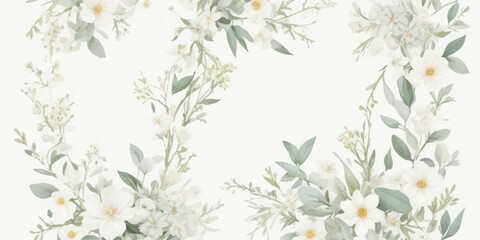 Fototapeta premium Elegant Handpainted Watercolor Floral Clipart Set Featuring Ivory White Flowers, Dusty Green Leaves, Butter Yellow Blooms, and Dusty Blue Accents on Transparent Background 