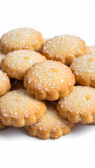 Close up of round sugar cookies with crystal sugar topping, isolated background