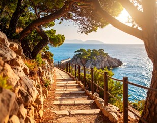 Picturesque Mediterranean Trail Leading to Coastal Island at Sunset Scenery
