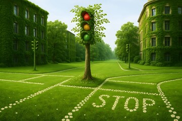 Eco-Friendly Intersection with Green Traffic Light Tree and Daisy Road