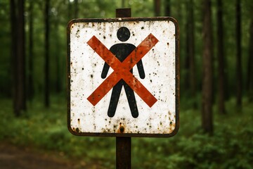 Rusty Pedestrian Prohibition Sign in Forest Environment