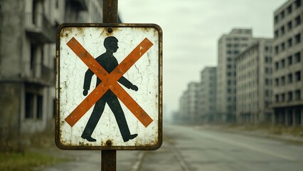 Rusty No Pedestrian Sign in Abandoned Urban Area