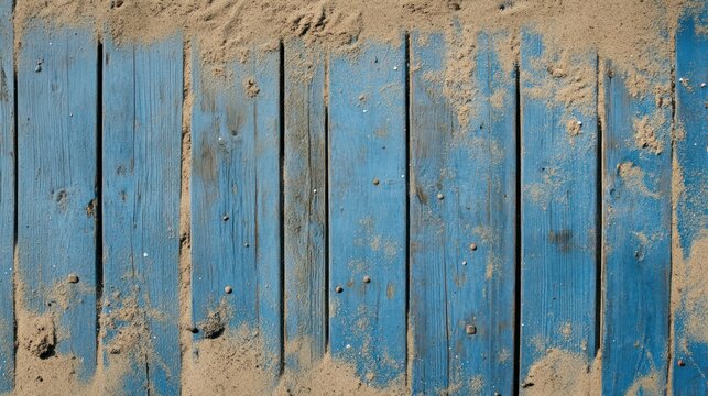 Fototapeta Top view of sandy beach and marine blue planks pier. Background with copy space and visible sand and wood texture