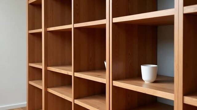 Close up of a wooden bookshelf with empty shelves and a white cup on one of the shelves