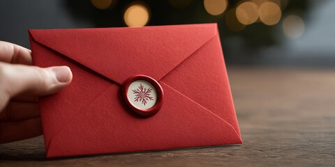 Red envelope with wax seal held in hand, holiday concept