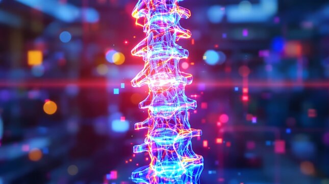 Dynamic digital spine structure glows with vibrant neon energy against a futuristic blurred background