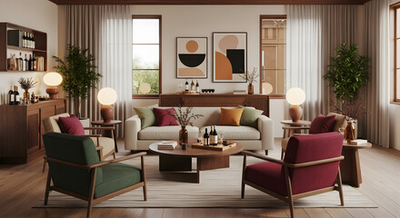 Contemporary Living Room Interior with Stylish Furniture, Earthy Tones, and Warm Ambient Lighting