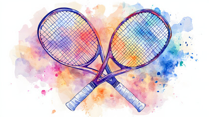 Watercolor illustration of two tennis rackets on a white background with paint splatters. Illustration for tennis sports banners and posters.