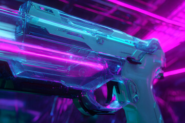 Futuristic Neon Laser Gun Emitting Vibrant Energy Beams in Cyberpunk Digital Realm Radiating Purple and Teal