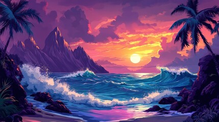 vibrant sunset beach scene with palm trees and ocean waves