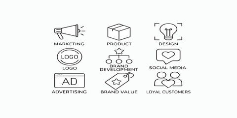 Print  Branding line editable icon set. Containing marketing, product, design, logo, brand development, social media, advertising, brand value, loyal customers and more