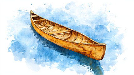 Watercolor illustration of a wooden canoe in water with a white background and blue splashes. Illustration for banner or poster background and mockup.