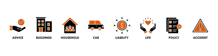 Insurance banner web icon vector illustration concept with icon of advice, buildings, household, car, liability, life, policy and accident