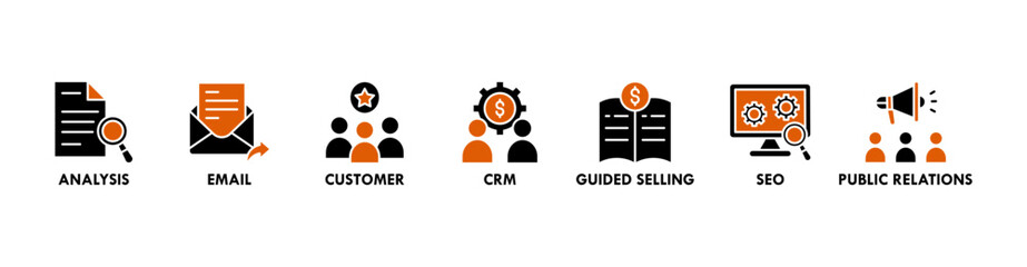 Inbound marketing banner web icon vector illustration concept with icon of analysis, email, customer, crm, guided selling, seo and public relations