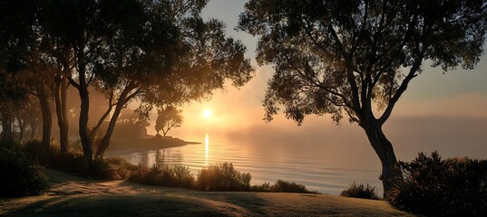 Golden morning sun rises above calm sea, framed by soft silhouettes of whispering trees