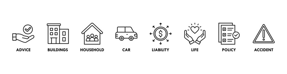 Insurance banner web icon vector illustration concept with icon of advice, buildings, household, car, liability, life, policy and accident