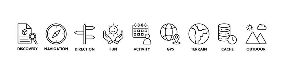 Geocaching banner web icon vector illustration concept with icon of discovery, navigation, direction, fun, activity, gps, terrain, cache and outdoor