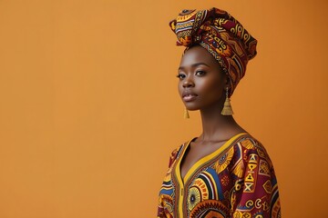 Obraz premium Elegant Black woman confidently showcases vibrant traditional African attire with striking gold earrings against a warm amber backdrop, exuding cultural pride and modern style.