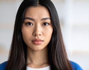 Portrait of a serious, introspective young Asian woman with dark hair and a steady gaze