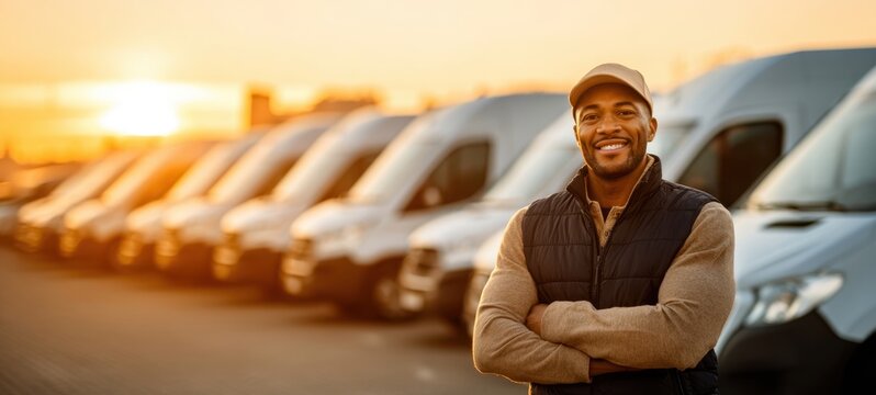 The confident man standing in front of a fleet of delivery vans at sunset.