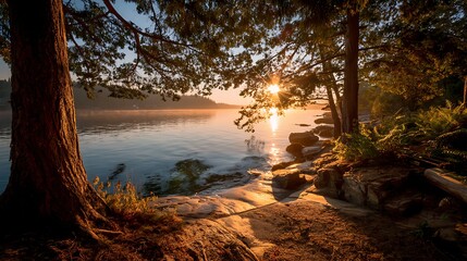 Peaceful shore bathed in soft sunrise light, framed by trees in early morning glow