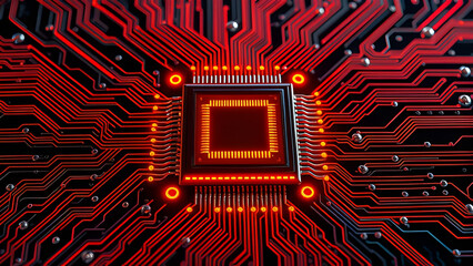 Generative AI abstract background with glowing neon red circuit board lines over a black base. Tech-inspired design, perfect for modern, futuristic, or digital themes.