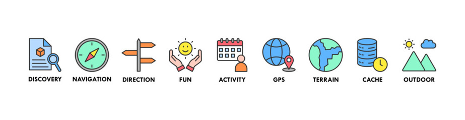 Geocaching banner web icon vector illustration concept with icon of discovery, navigation, direction, fun, activity, gps, terrain, cache and outdoor