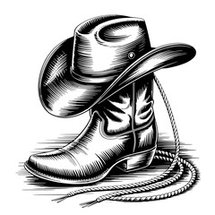 Vector Illustration Frame from rope lasso with cowboy boots and hat in engraving style. Design element for sign, poster, card, banner