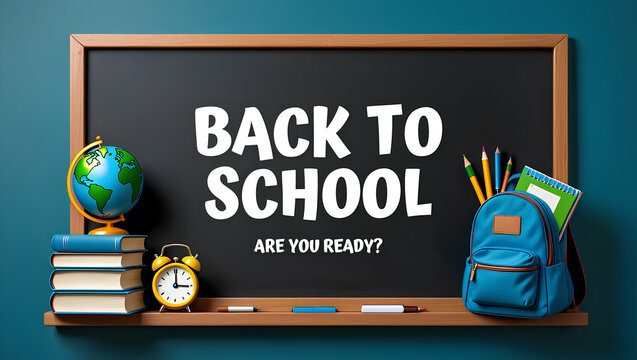 Back to school chalkboard with globe books clock and backpack on a wooden shelf against a teal wall