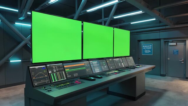 futuristic gray control room command center with green screen monitor technology - Powered by Adobe