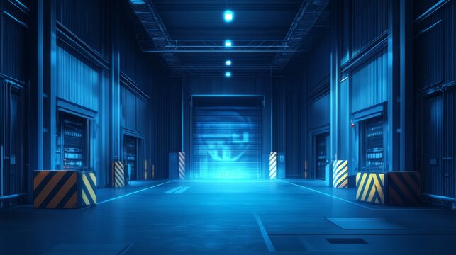 Futuristic blue modern warehouse interior with digital hologram displays and artificial intelligence elements for high-tech storage, smart logistics, and advanced industrial automation background