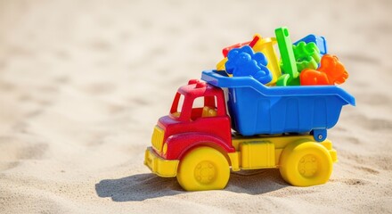 Colorful plastic toy truck loaded with sand toys on a sandy beach