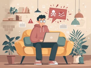 A businessman using a laptop at home is receiving email warning alerts about spam, viruses, and hackers, as well as network security concepts