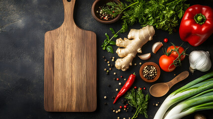 Illustration of an empty wooden kitchen board with vegetables and spices on a dark background. Illustration for a food menu background.
