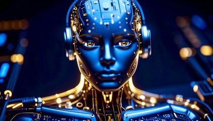 Fototapeta premium AI glowing gold meta human wireframe robotic head in the center, on a black background, digitalized, web3 technology, and cryptocurrencies 