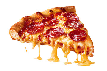 Photorealistic style, one slice of pizza with pepperoni and cheese dripping on a Transparent background PNG