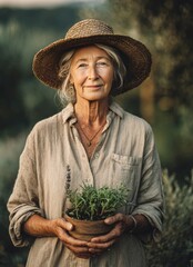 Fototapeta premium Senior woman farmer holding aromatic herbs in a pot