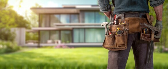 The handyman with tools ready for home improvement by the modern house.