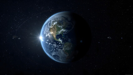 Obraz premium Earth from space with orbiting satellites, showcasing global communication, advanced technology, and the beauty of our planet.