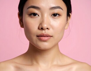 Portrait of an Asian woman with flawless skin on a pastel pink backdrop for skincare advertisement