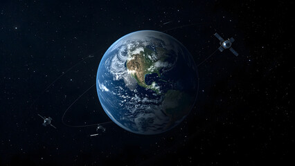 Obraz premium Earth from space with orbiting satellites, showcasing global communication, advanced technology, and the beauty of our planet.