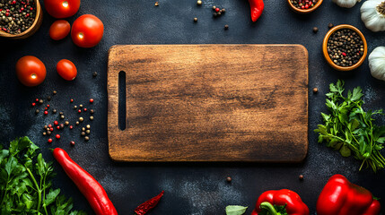 Illustration of an empty wooden kitchen board with vegetables and spices on a dark background. Illustration for a food menu background.