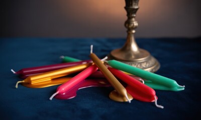 Colorful tapered candles pooled on a dark surface, beside a brass candleholder