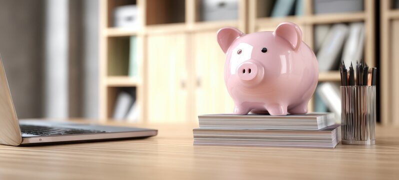 The adorable piggy bank standing on stacked books in a modern office setting.