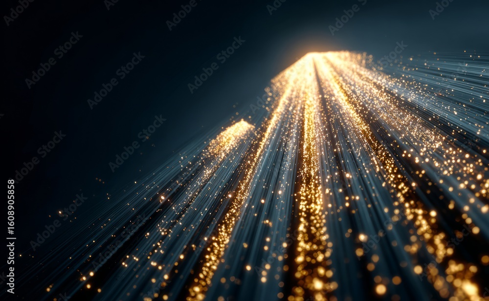 Poster golden particles flowing upwards creating light trails on dark background