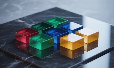 Colorful translucent cubes arranged on a dark marble surface