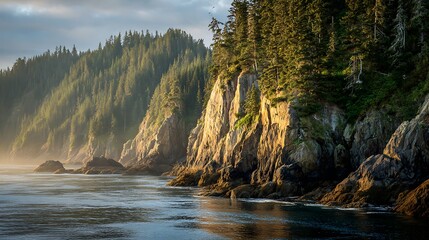 Sunlight breaking through misty trees atop cliffs beside tranquil morning sea

